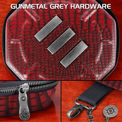 Red crocodile-embossed case with gunmetal grey hardware: three metal bars, a custom zipper pull, and a clasp with an charm