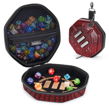 Red crocodile hexagonal dice case, shown open with colorful dice in mesh storage and a velvet rolling tray, also closed with a clip