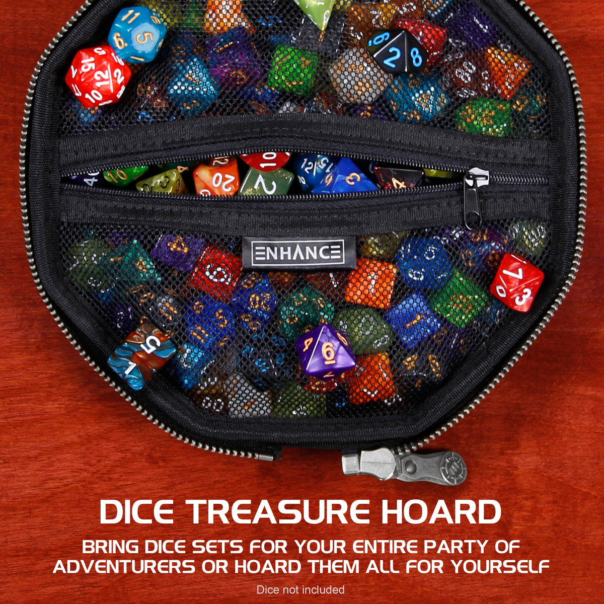 A black ENHANCE mesh case overflowing with colorful polyhedral RPG dice