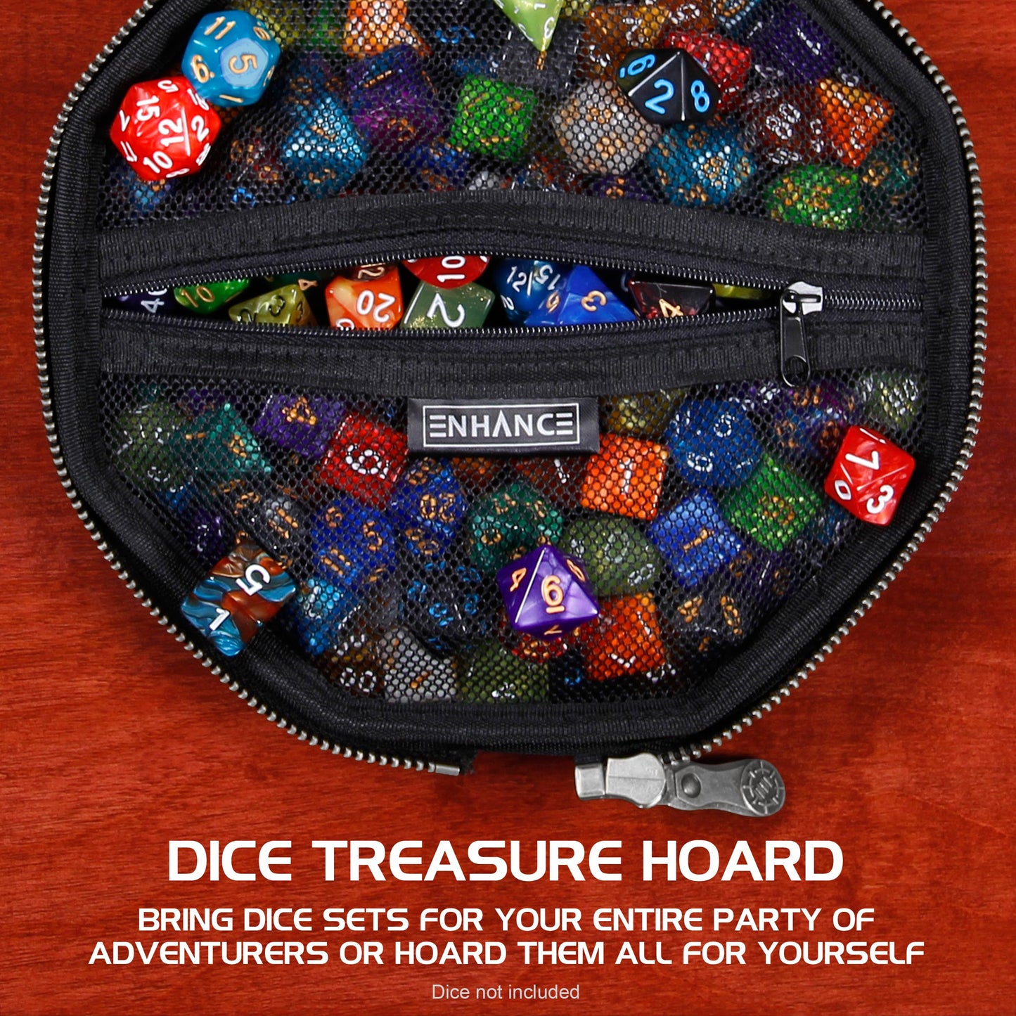 A black zippered bag with mesh pockets, overflowing with colorful polyhedral dice. An 'ENHANCE' logo is visible
