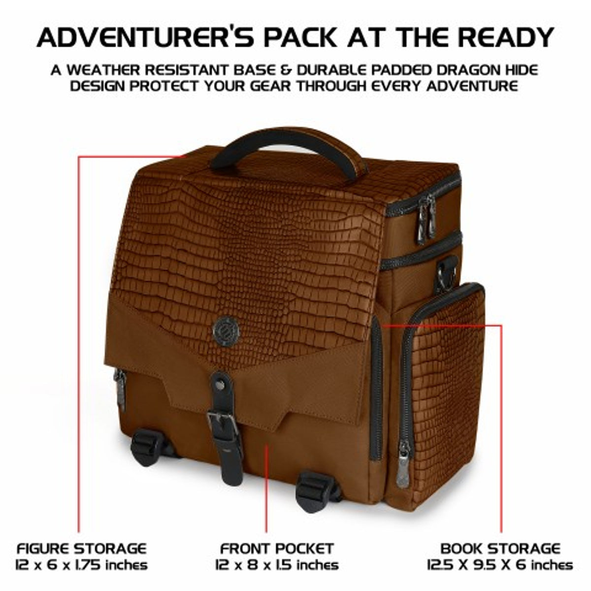 A brown adventurer&#39;s pack with a crocodile-texture top flap, side pocket, buckle, and zippers, described as weather-resistant.