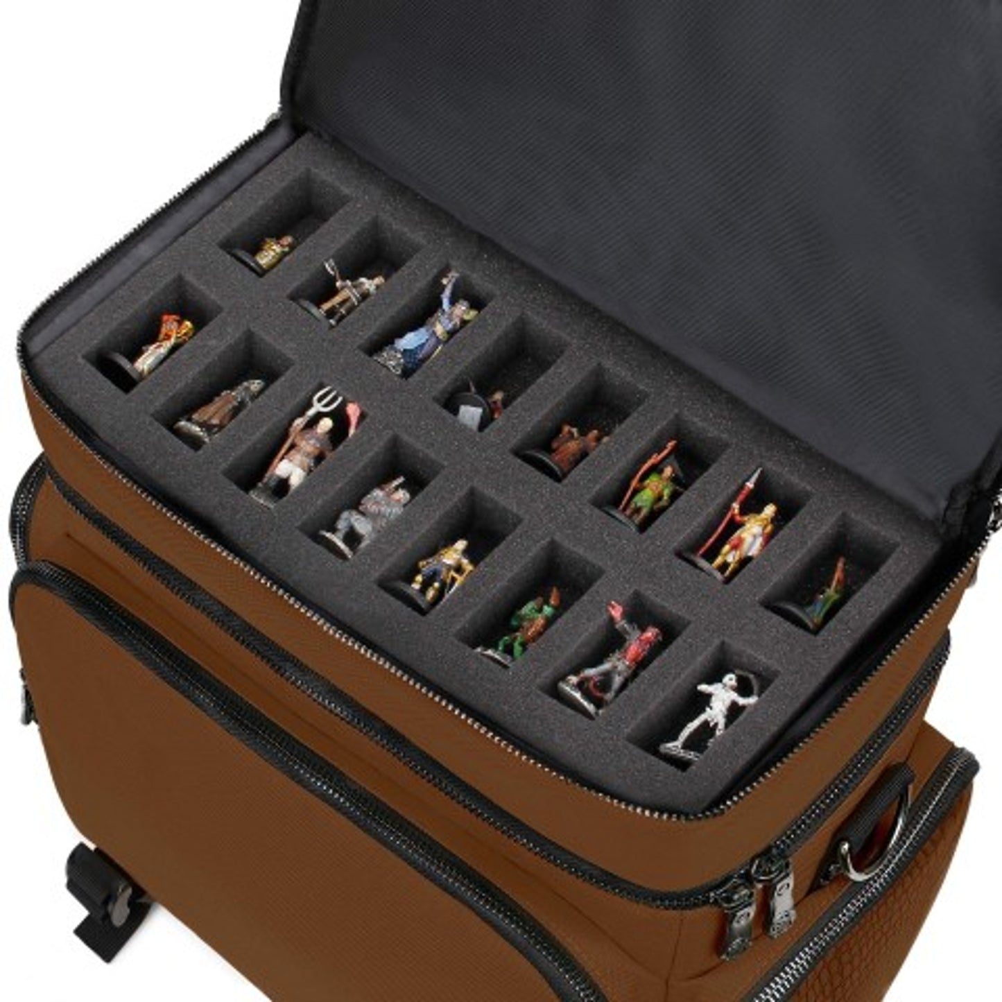 An open brown case with a black foam insert storing many painted tabletop gaming miniatures.