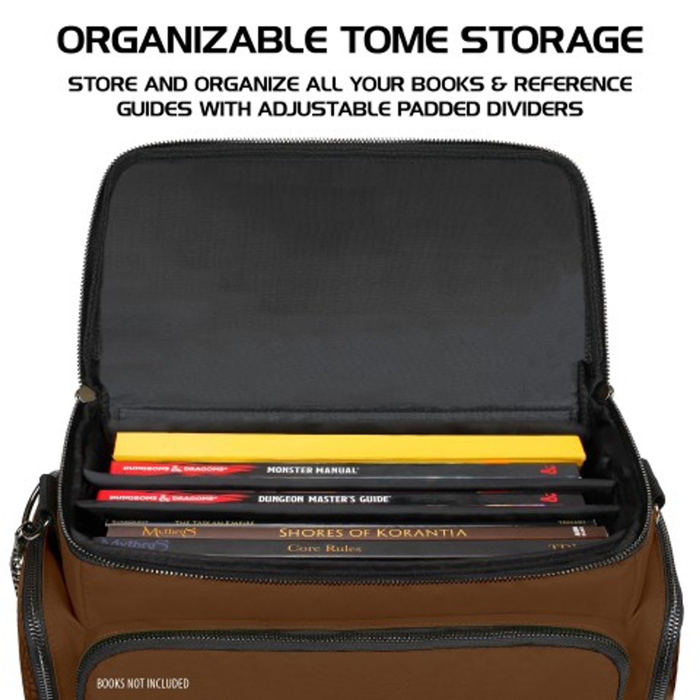 An open brown storage case organizing various role-playing game books with dividers.