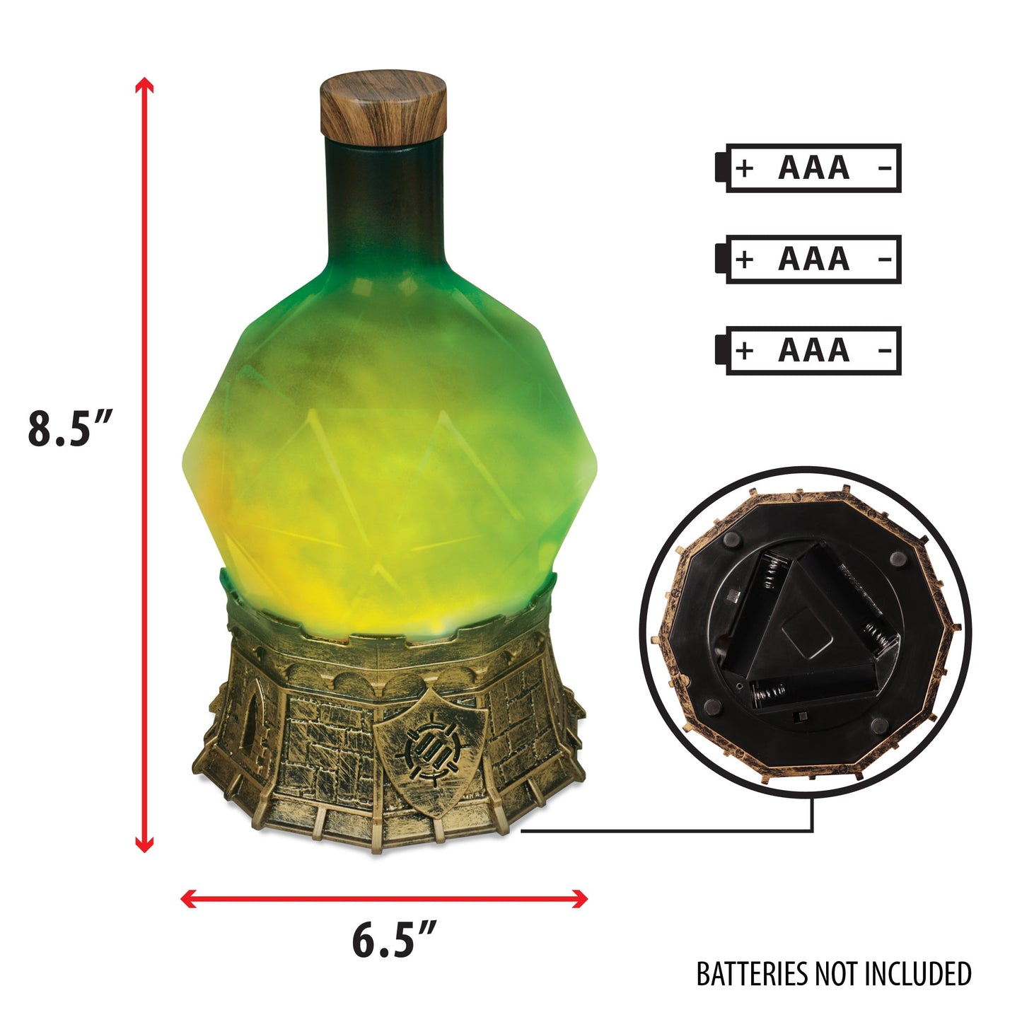Glowing green potion bottle lamp with an ornate fortress base and wood cap, 8.5" tall
