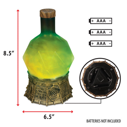 Glowing green potion bottle lamp with an ornate fortress base and wood cap, 8.5" tall