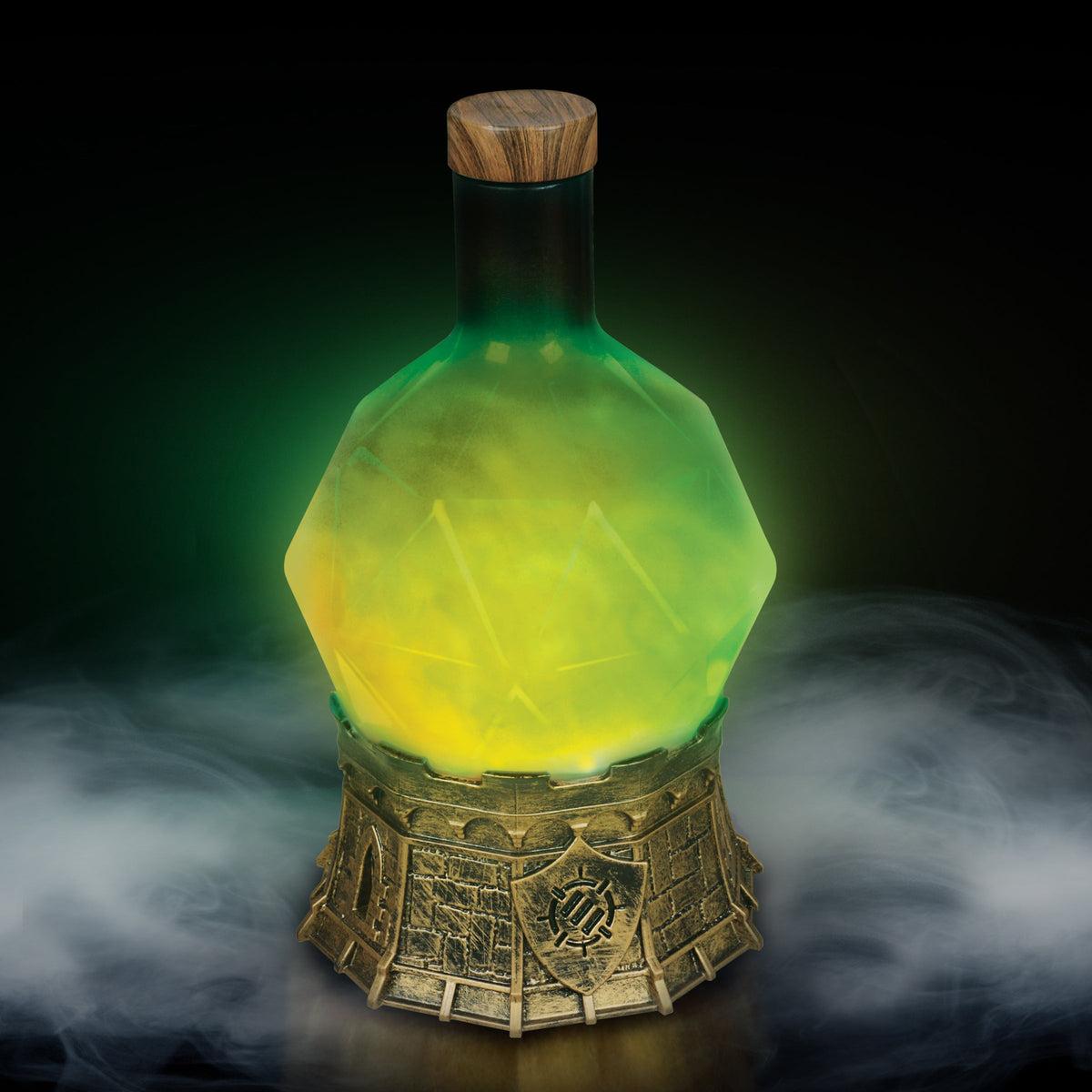 Faceted potion bottle glowing green and yellow, on an ornate gold base, surrounded by swirling mist