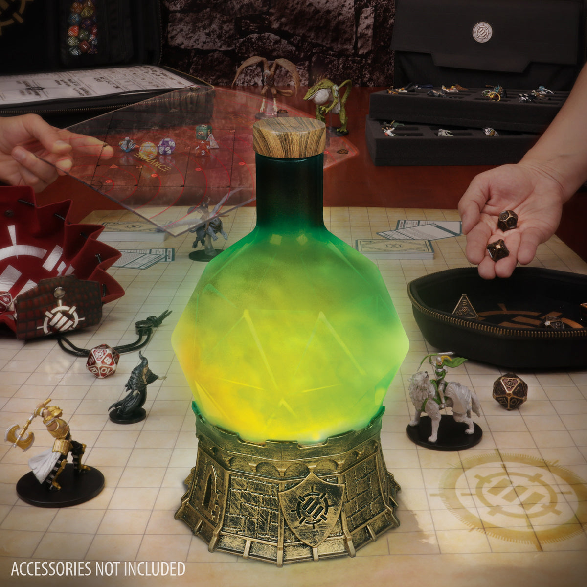 Glowing green potion bottle centerpiece on a tabletop RPG mat