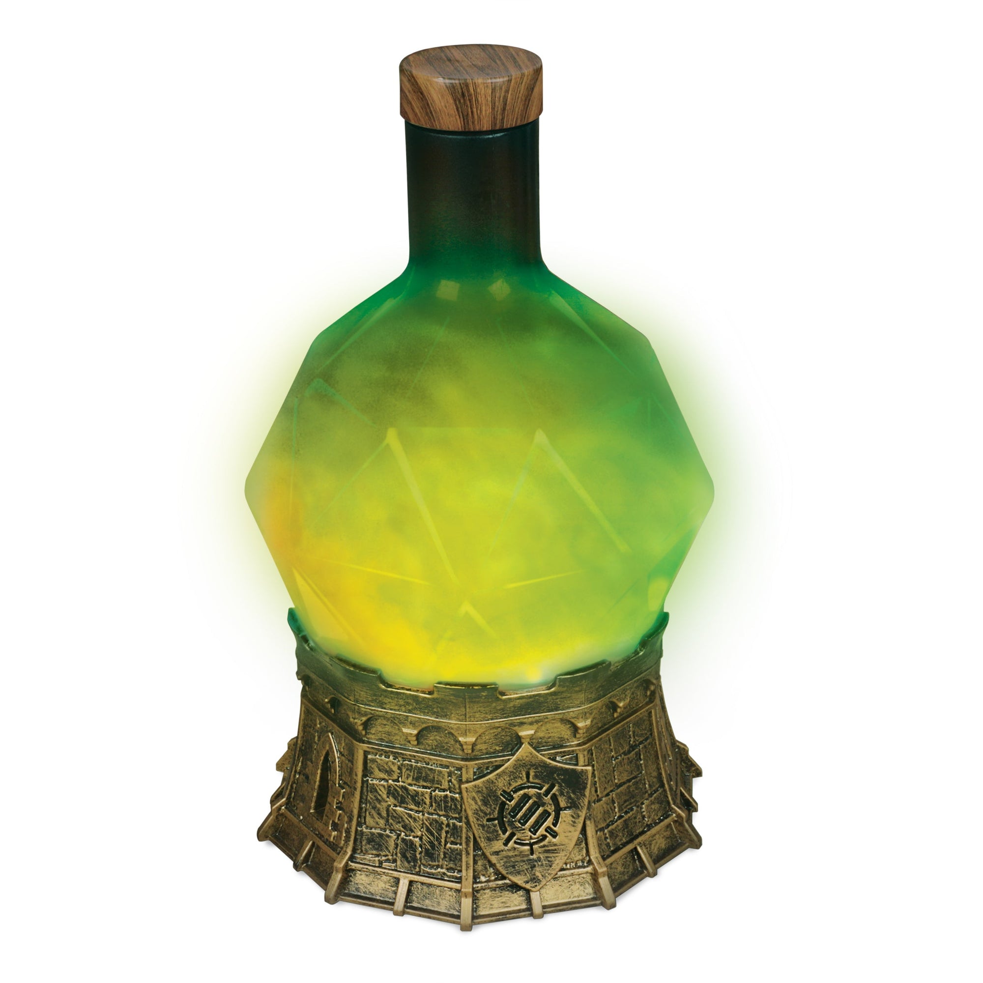 A faceted bottle, glowing vibrant green and yellow, rests on an ornate gold base with a shield emblem and brick texture
