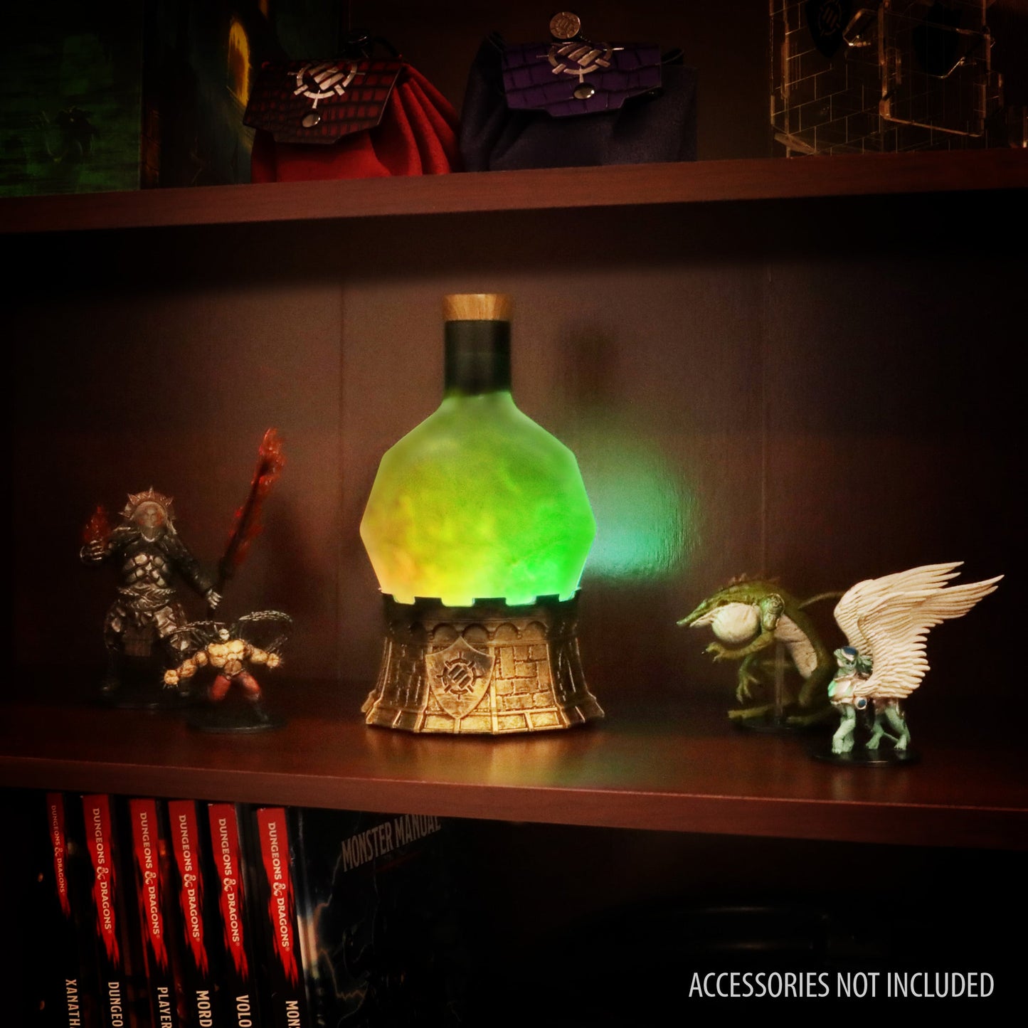 A glowing green potion bottle on a castle-like base, flanked by D&D miniatures and books on a shelf