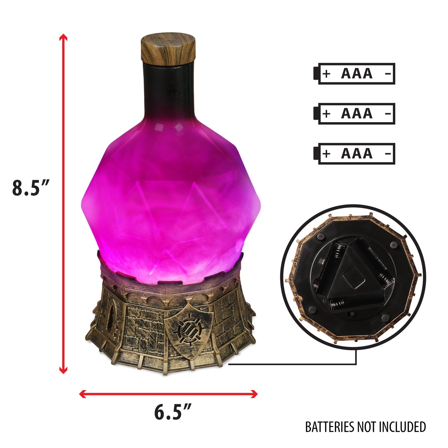 A glowing, faceted purple potion bottle lamp with an antique gold castle-like base