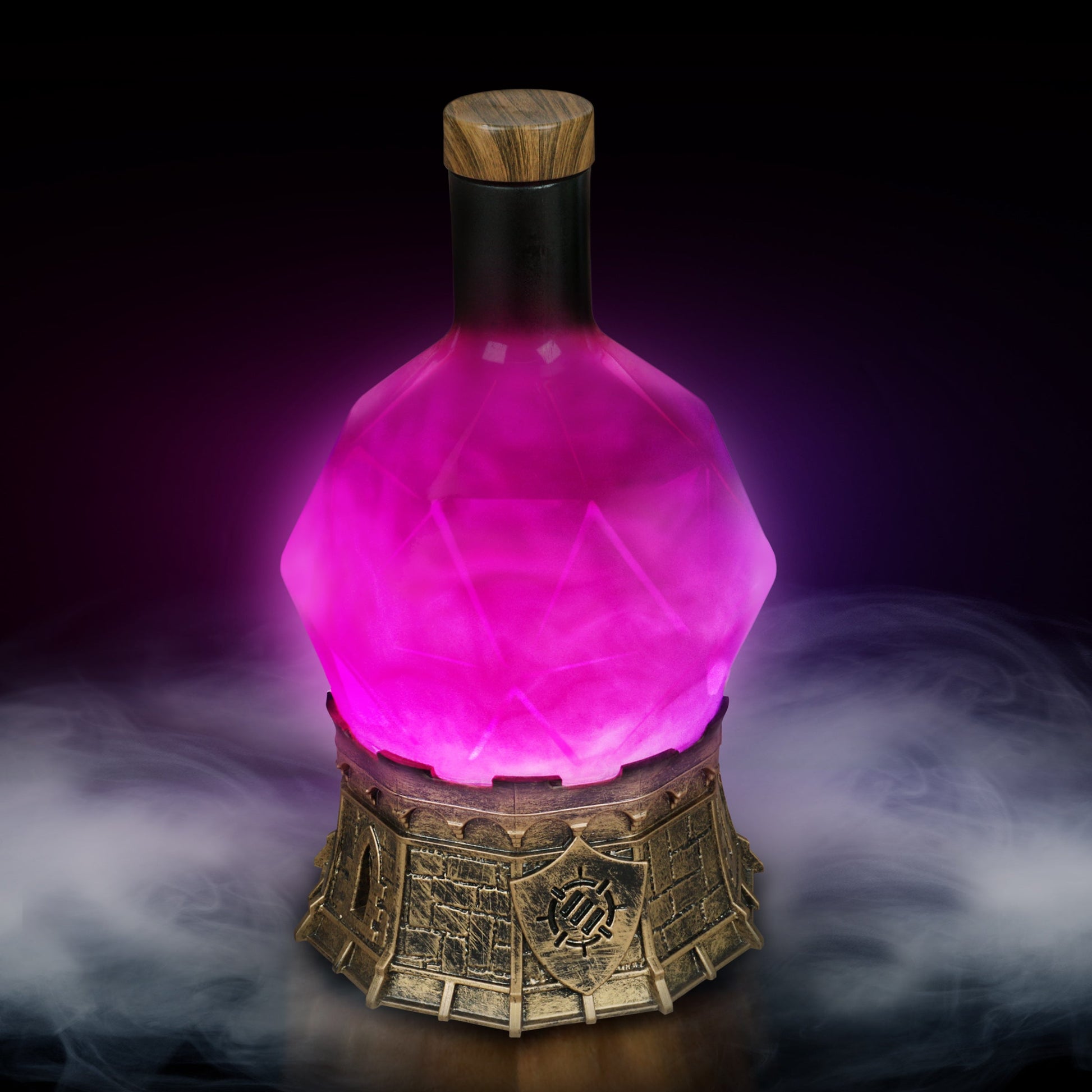 Pink glowing crystal bottle with a wood stopper on an ornate gold base, enveloped in smoke