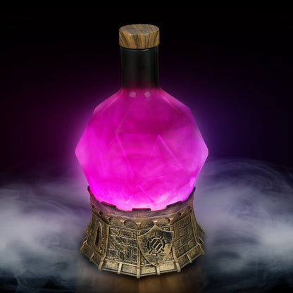 Pink glowing crystal bottle with a wood stopper on an ornate gold base, enveloped in smoke