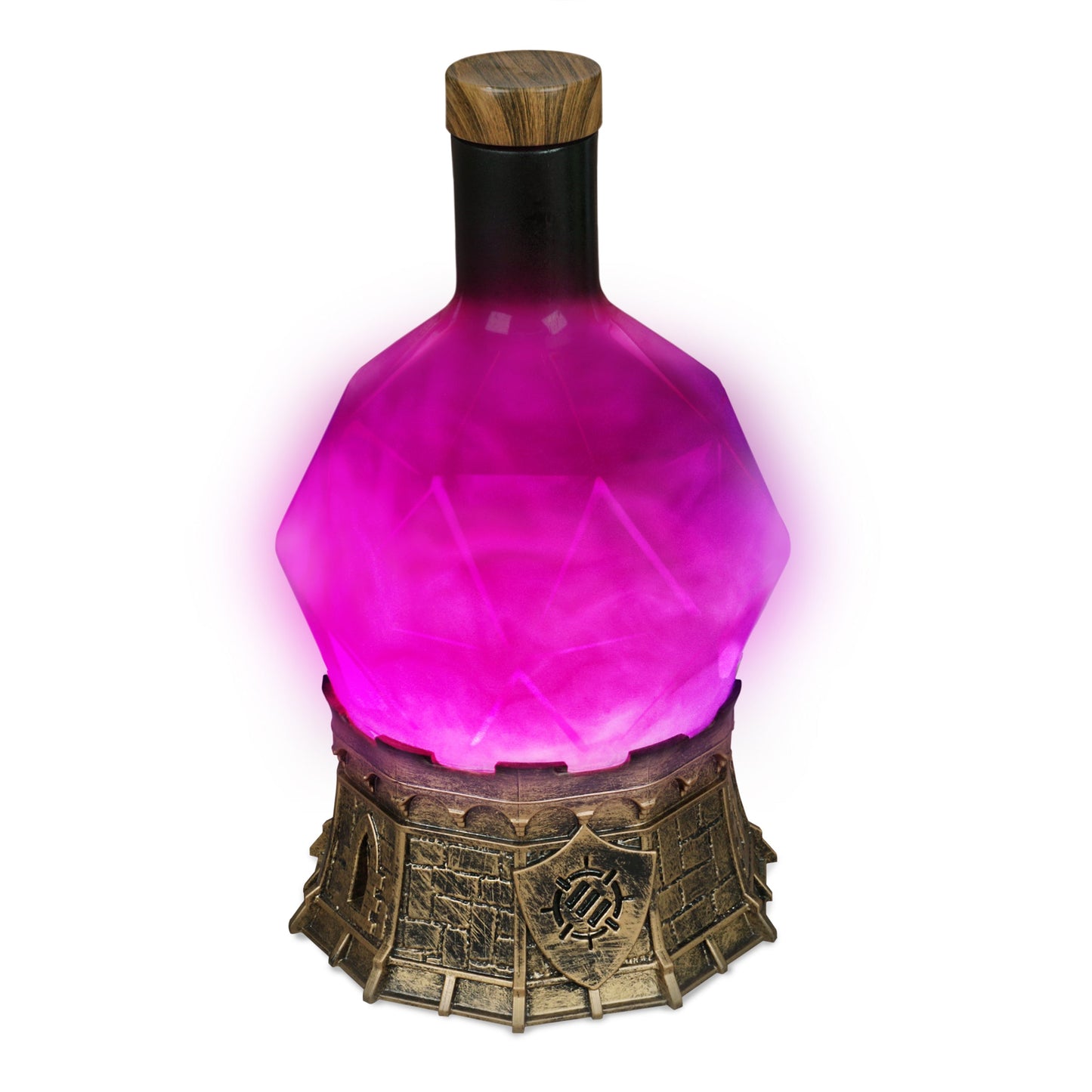 Glowing magenta faceted bottle on an ornate gold fortress-like base with a shield, topped by a wooden cap
