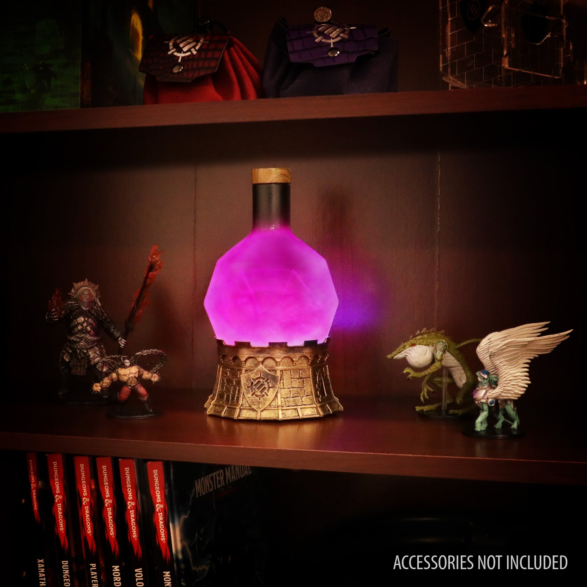 A D&D potion lamp, glowing purple, on a golden castle base, flanked by fantasy miniatures on a shelf
