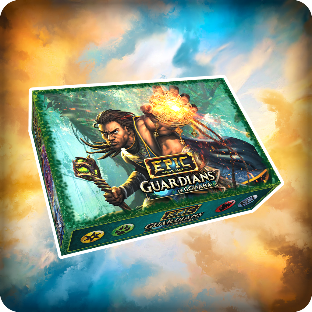 Flat product image of Epic Card Game: Guardians of Gowana showing box front with detailed logo and fantasy characters