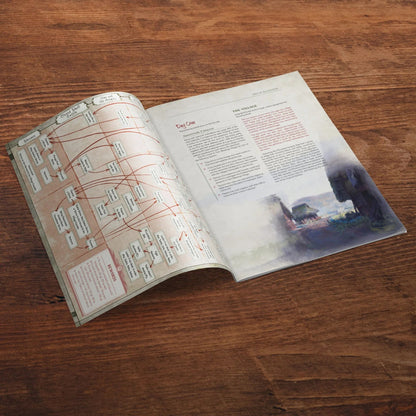 An open RPG module on wood, showing a branching adventure path on the left and descriptive text with a village illustration on the right