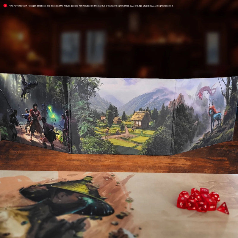 A Game Master screen displays detailed fantasy art: samurai fighting, a village, and mythical creatures. Red dice and a game mat are below