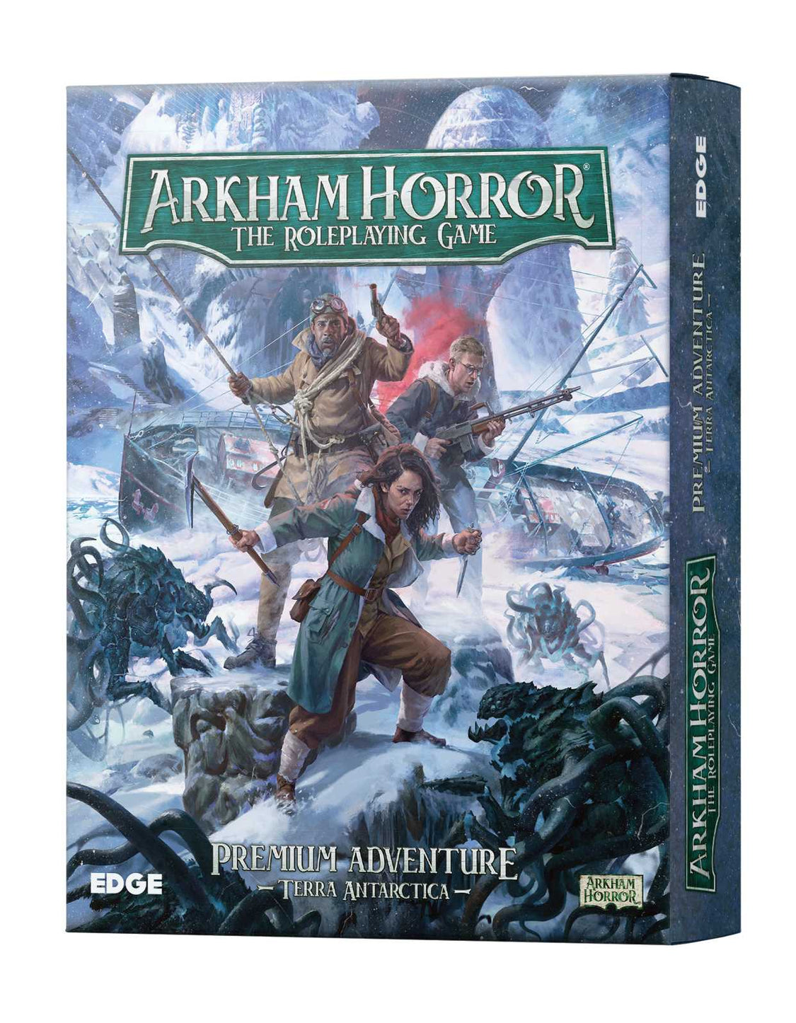 Arkham Horror RPG: Terra Antarctica box art, four armed explorers fight tentacled monsters in a frozen wasteland