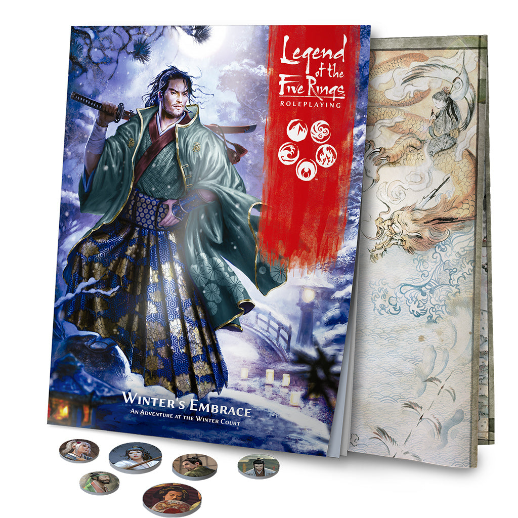 Legend of the Five Rings RPG &quot;Winter&#39;s Embrace&quot; book. Cover: samurai drawing a sword in snow, with game tokens