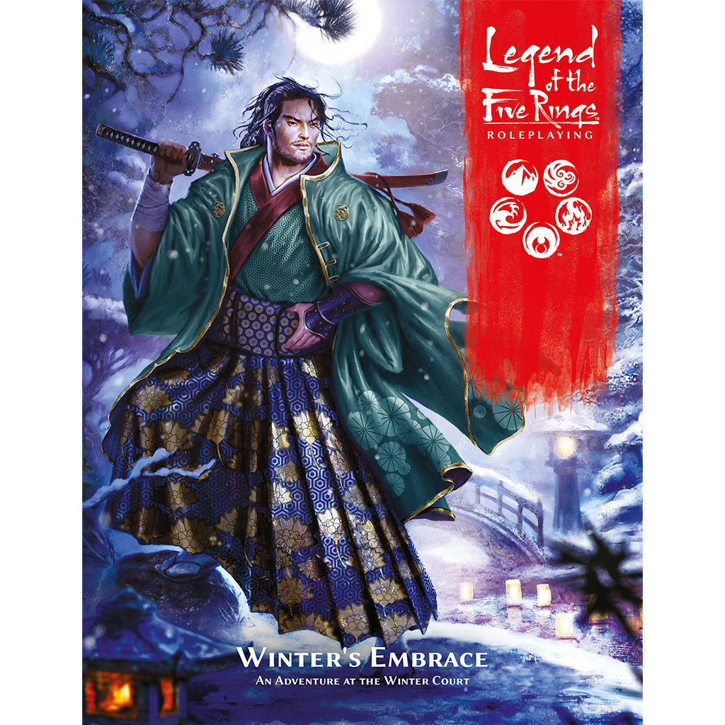 A front cover samurai in ornate green and blue robes holds a katana over his shoulder in a snowy, moonlit Japanese landscape