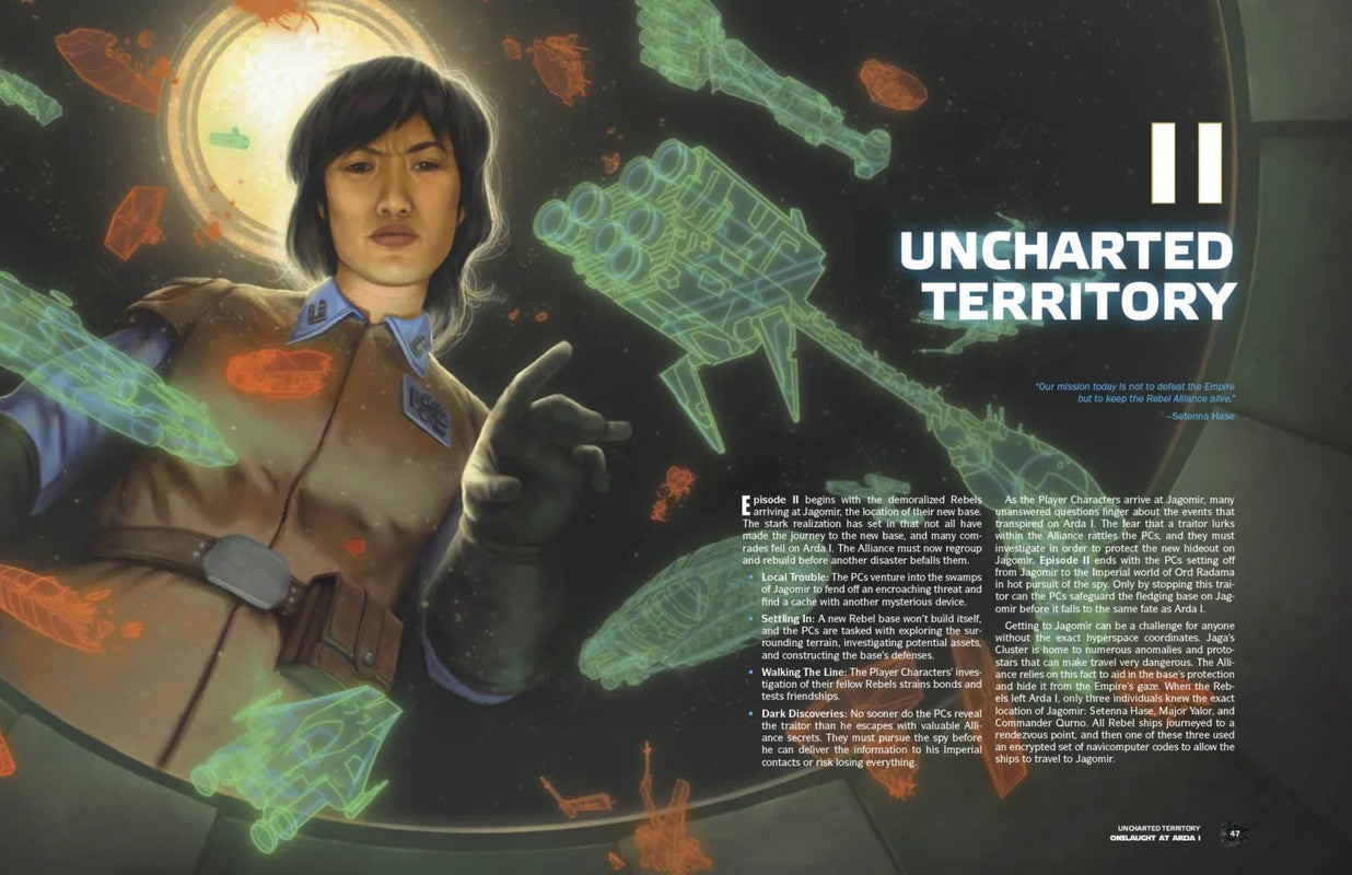 An Asian officer in uniform gestures at a holographic map of glowing spaceships and a planet in space