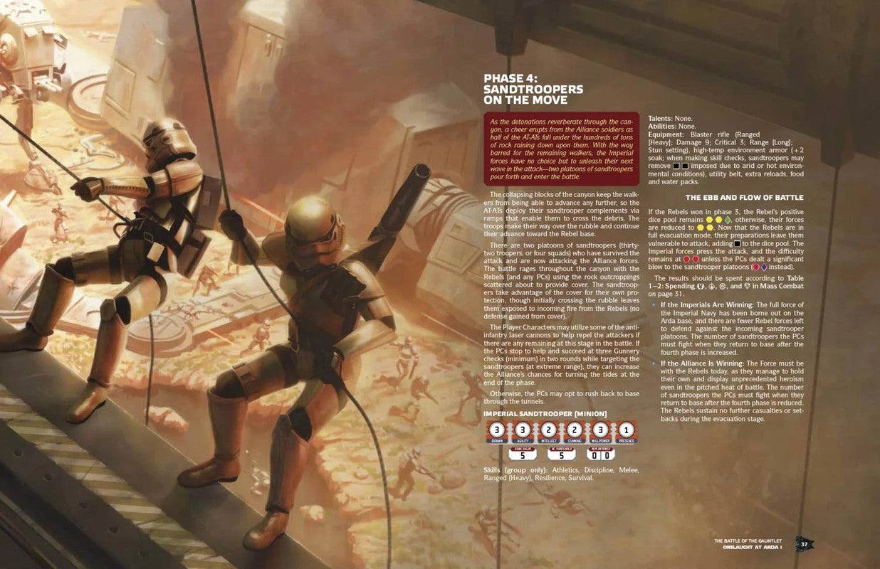 Two desert-armored Sandtroopers rappel into a battle-scarred canyon, one with a blaster