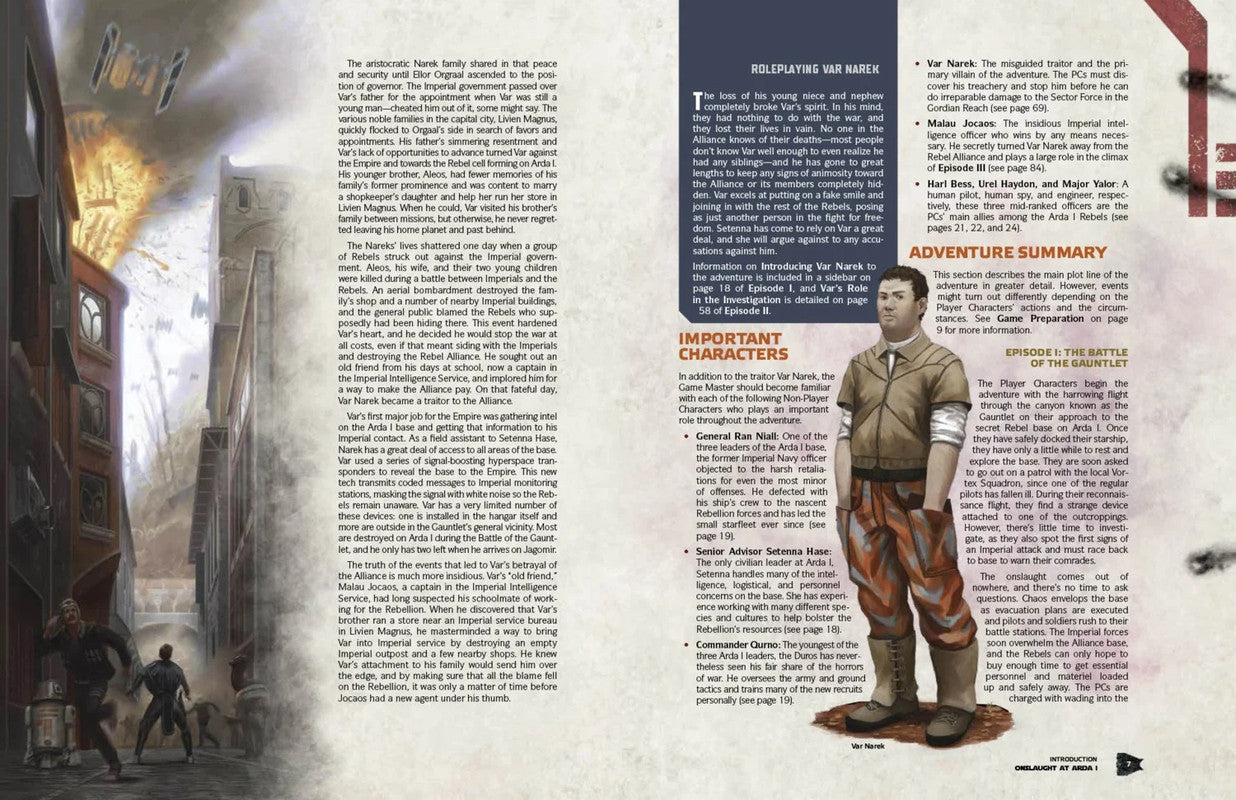 Two figures & a droid run through a futuristic alley. Right, a full-body portrait of Var Narek in a brown jacket & striped pants