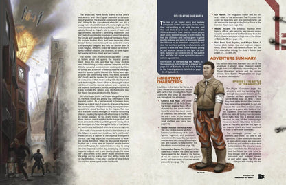 Two figures & a droid run through a futuristic alley. Right, a full-body portrait of Var Narek in a brown jacket & striped pants