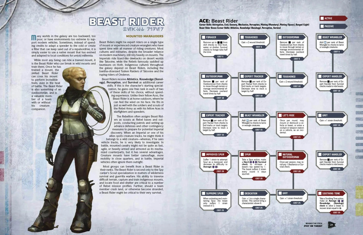 A green-skinned alien Beast Rider in combat gear holds a coiled lasso, with an RPG skill tree and text