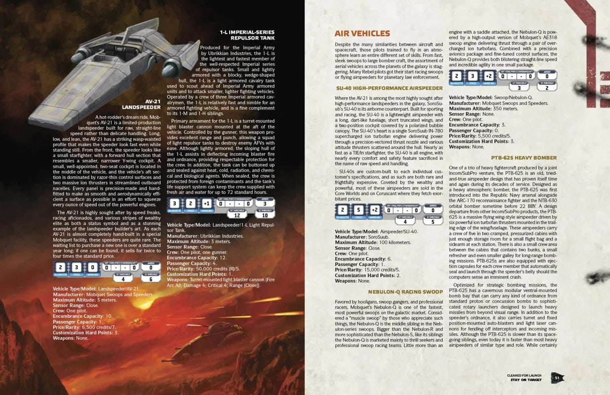 A sleek, grey, angular AV-21 Landspeeder hovers on a page with text describing various air vehicles