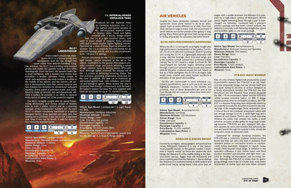 A sleek, grey, angular AV-21 Landspeeder hovers on a page with text describing various air vehicles