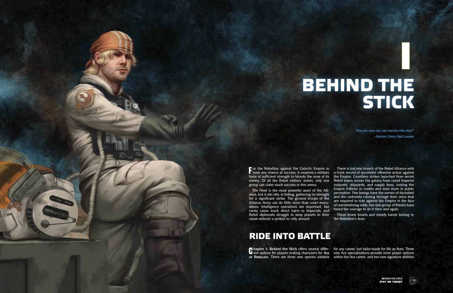 A blonde Rebel pilot in a white flight suit and orange bandana, raising a hand. A pilot helmet rests nearby