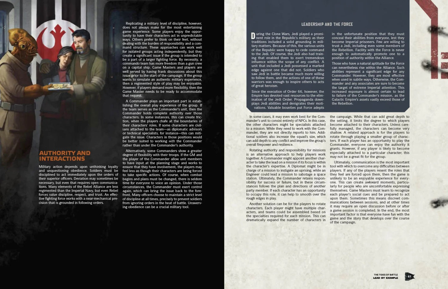 A Mon Calamari offers a plate to a man comforting a woman, with a Rebel Alliance symbol in the background