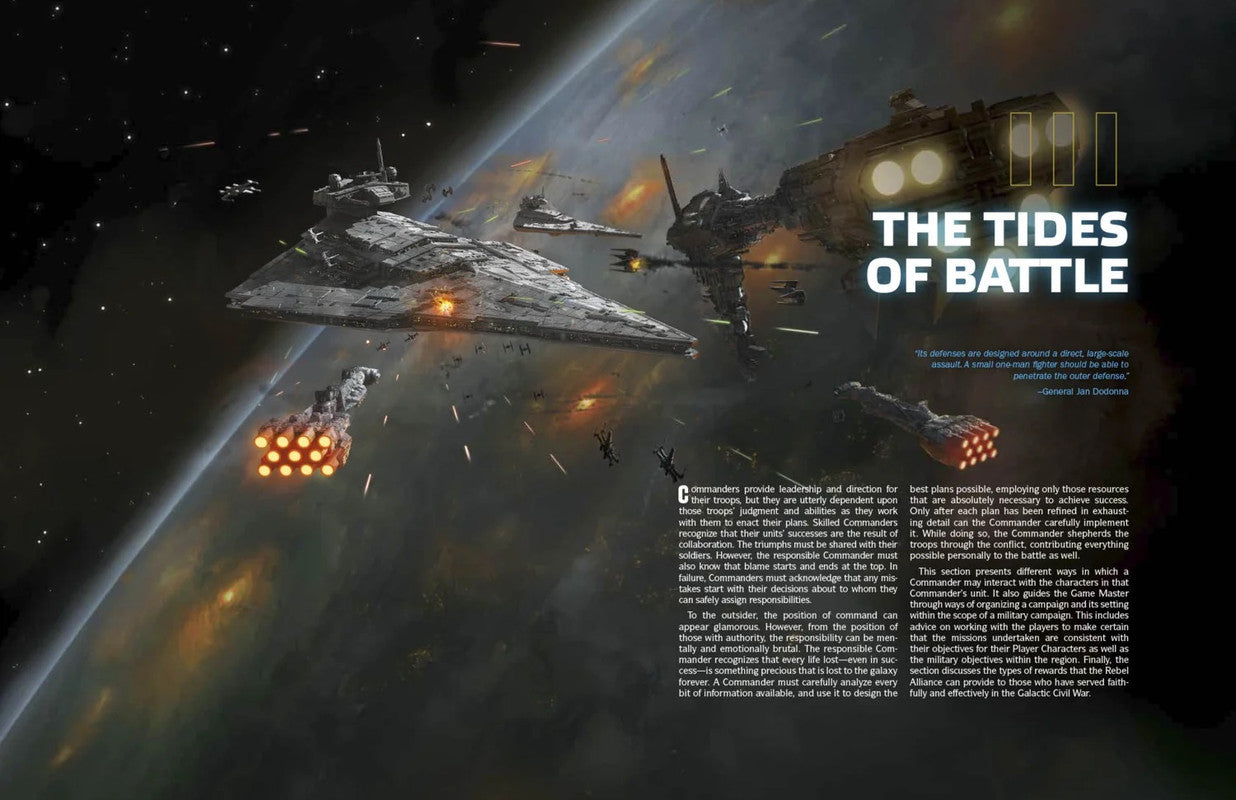 Imperial Star Destroyers and smaller fighters in a huge space battle, with laser blasts and explosions near a planet