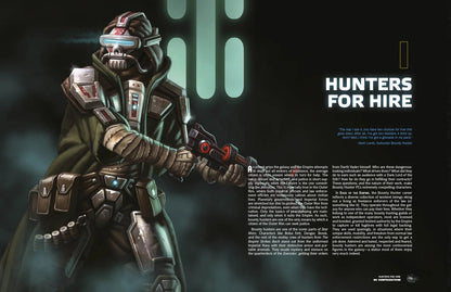 An armored bounty hunter wearing a helmet with goggles and mask, holding a blaster rifle