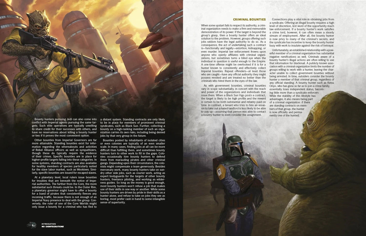 A Star Wars lore page shows a reptilian bounty hunter with a rifle on a cityscape, and Boba Fett facing a Hutt