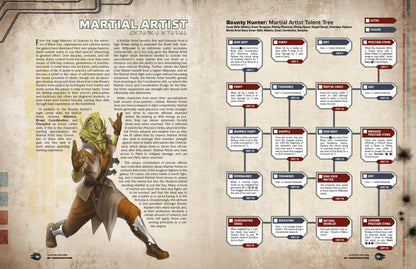 A Star Wars RPG page with a green alien martial artist in a dynamic pose and a talent tree