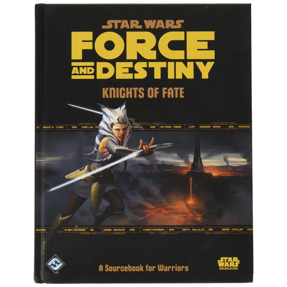 Cover of Star Wars RPG book "Force and Destiny: Knights of Fate." Ahsoka Tano wields two lightsabers near a glowing temple