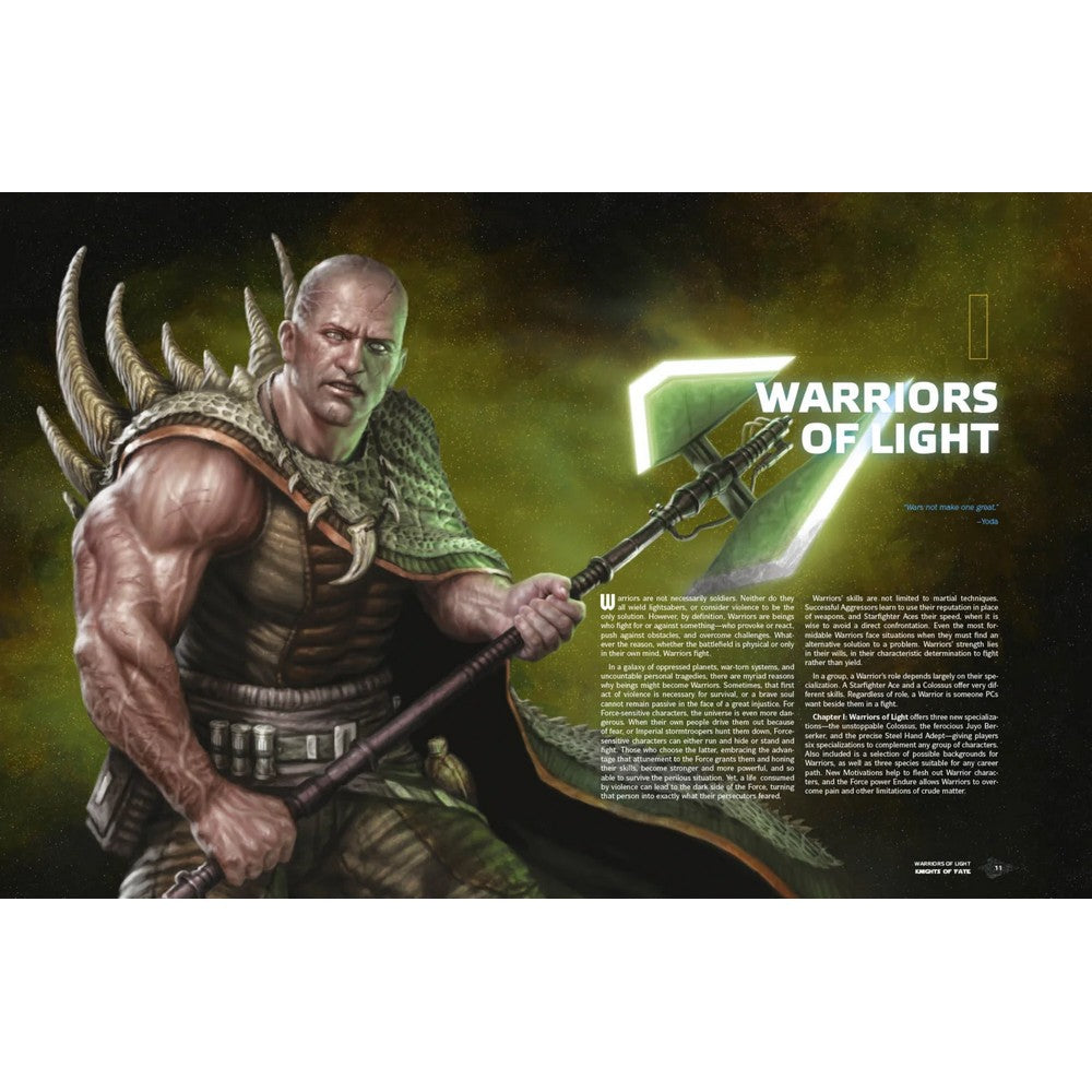 A muscular, bald warrior with scars wears green armor and holds a glowing green axe, poised for battle