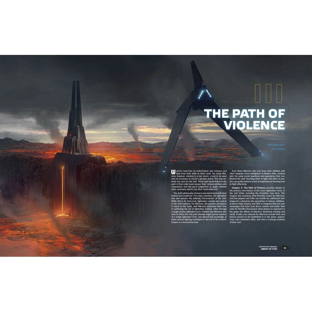 A dark, angular temple and ship overlook a fiery volcanic landscape, with text: &quot;The Path of Violence.&quot;
