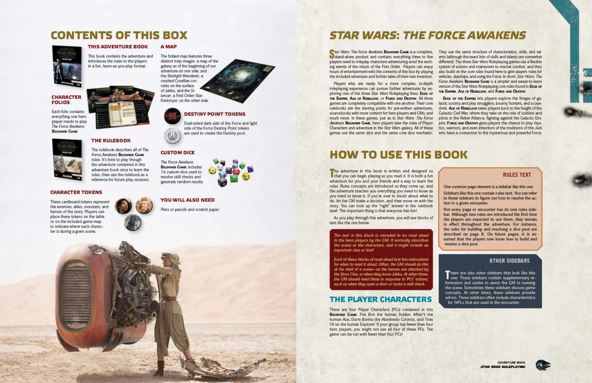 Rey repairs her speeder in a desert. This image is from a Star Wars game book