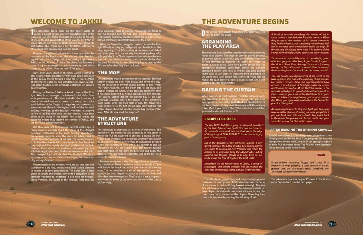 Open Star Wars RPG book pages on a desert planet background, detailing an adventure on Jakku