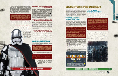 Star Wars RPG page featuring a large image of Captain Phasma in silver armor and an inset of two First Order troopers escorting a figure through a dark corridor