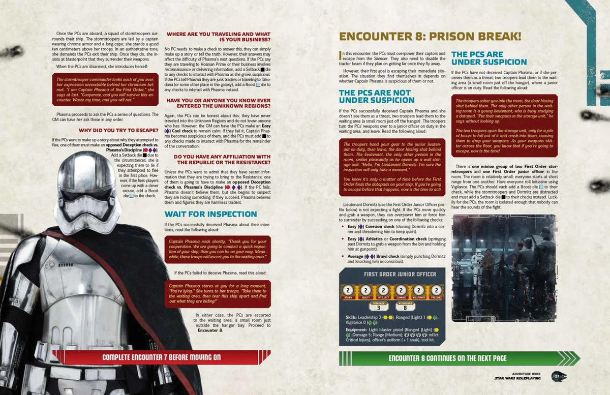 Star Wars RPG page featuring a large image of Captain Phasma in silver armor and an inset of two First Order troopers escorting a figure through a dark corridor