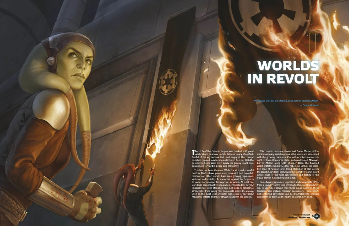 A green Twi&#39;lek woman observes rebels setting Imperial banners ablaze. Text reads: &quot;Worlds in Revolt&quot;