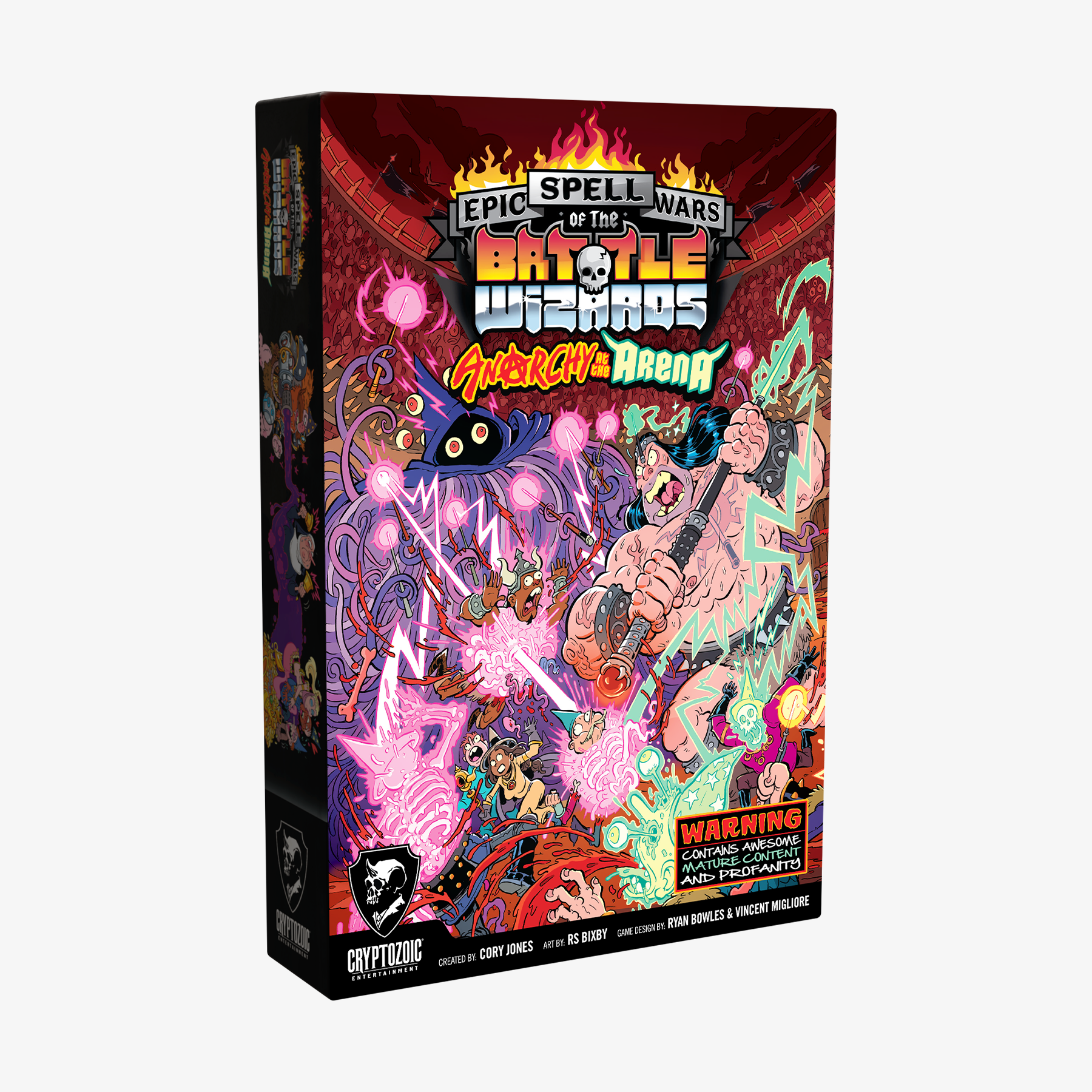 A game box for 'Epic Spell Wars: Anarchy at the Arena', depicting chaotic wizards battling with spells