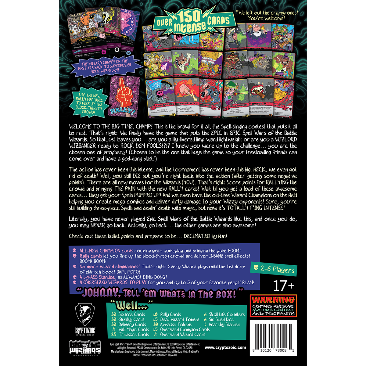 Back of Epic Spell Wars of Battle Wizards card game box, with colorful cards, &quot;150 Cards&quot; text, and mature content warning