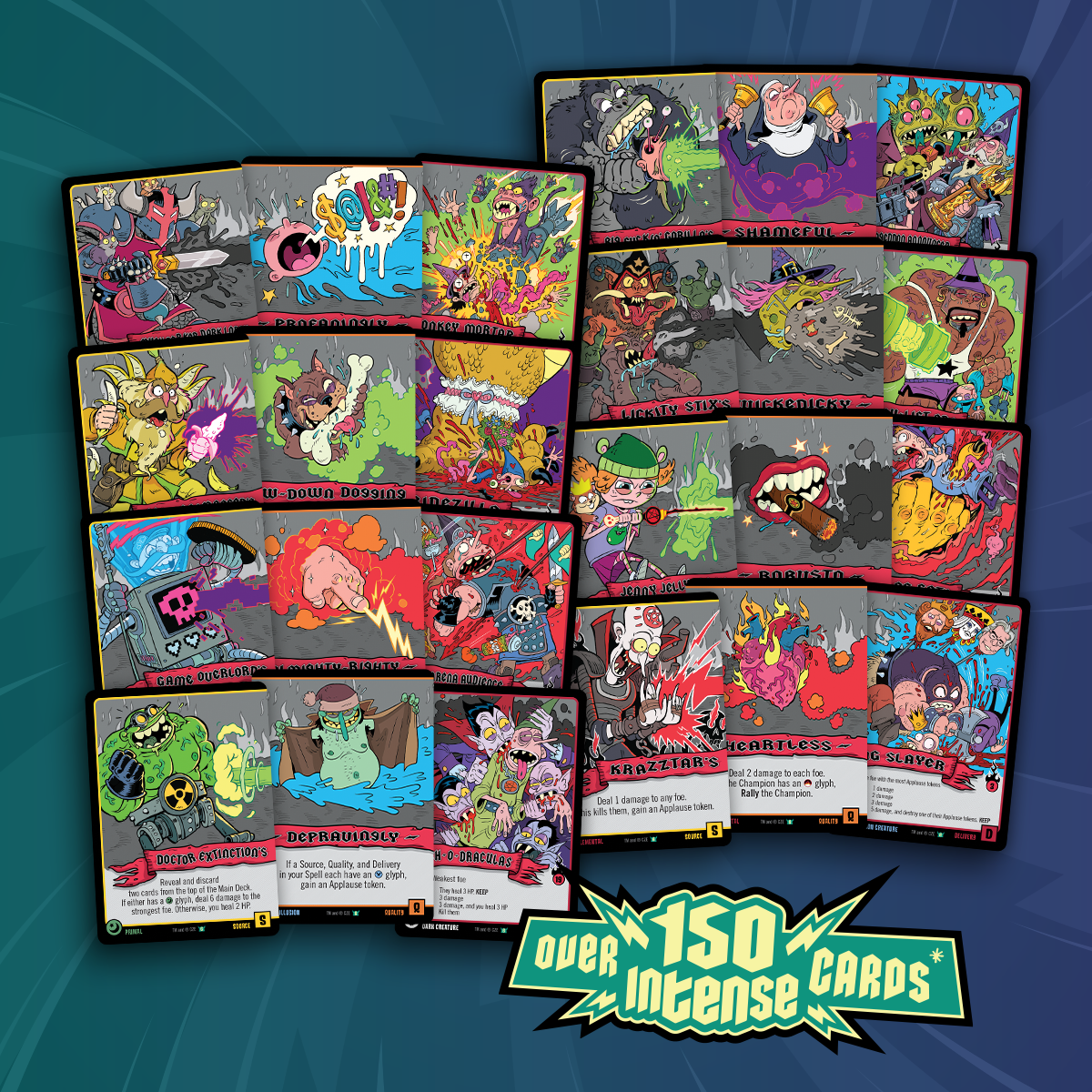 A fanned-out collection of over 150 intense, colorful, cartoon-style game cards with diverse characters