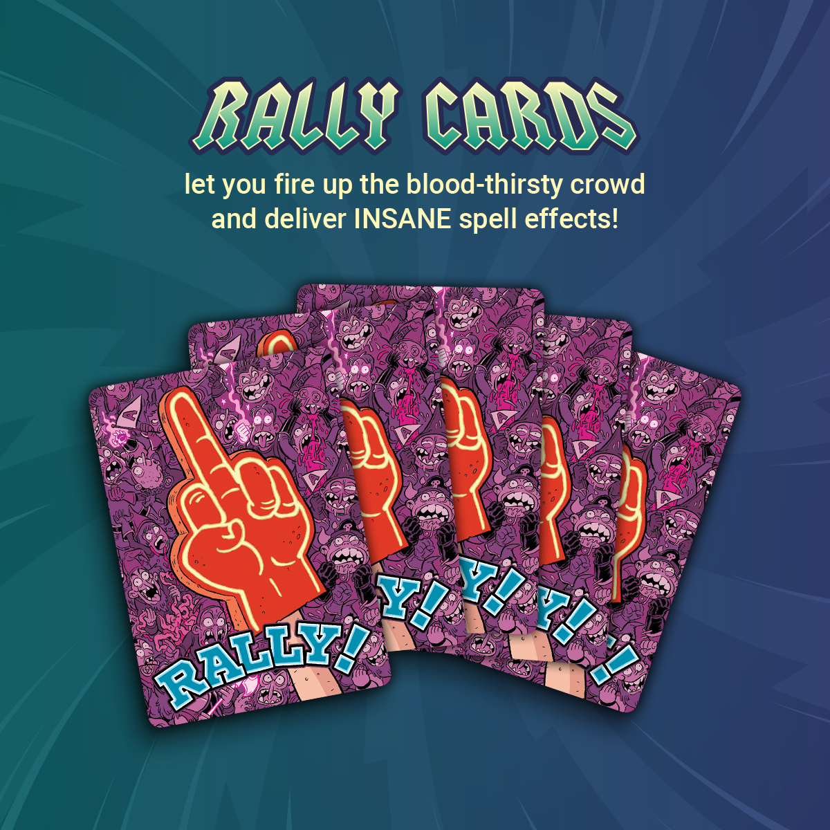 Five purple 'Rally Cards' with monstrous faces, a red foam finger & 'RALLY!' text, for game spell effects
