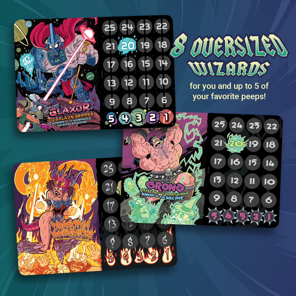 Three oversized game cards show colorful, exaggerated fantasy characters with number tracks. Text: "8 Oversized Wizards"